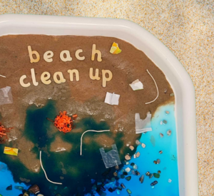 Beach clean up sand and water tuff tray activity for EYFS