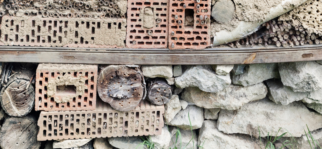 A collection of bricks, rocks and twigs piled high with many holes for minibeast