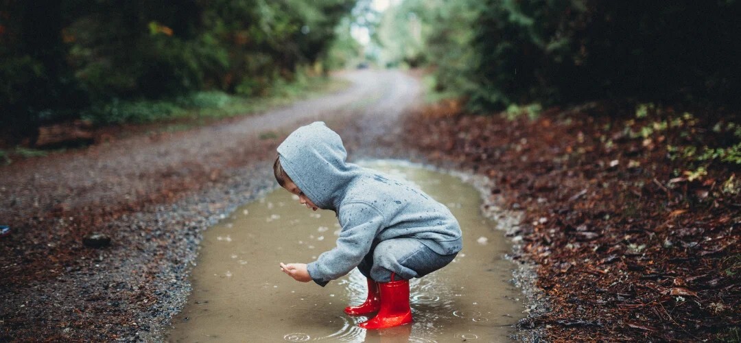child investigating water in puddle