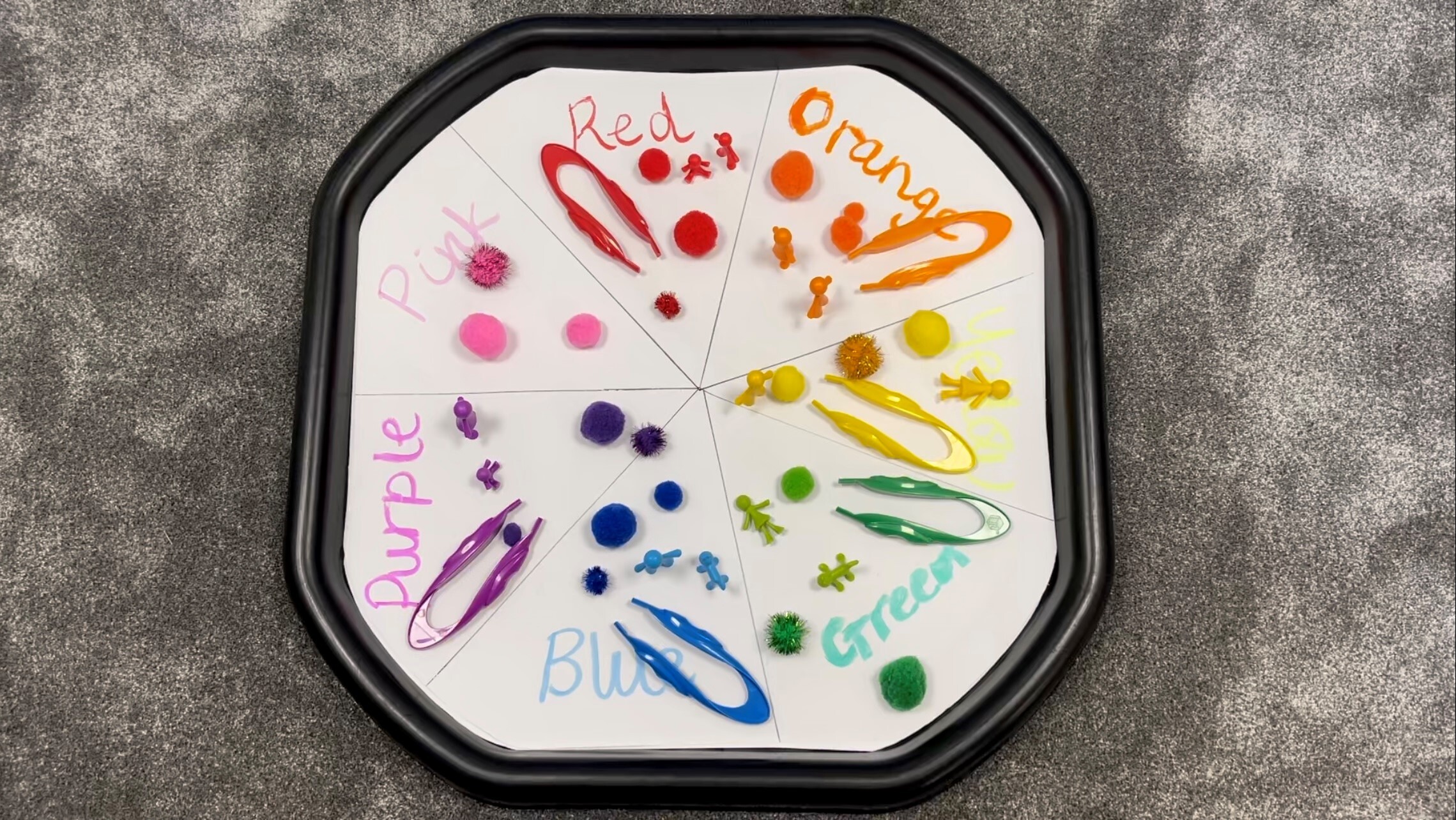 rainbow sorting activity on tuff tray