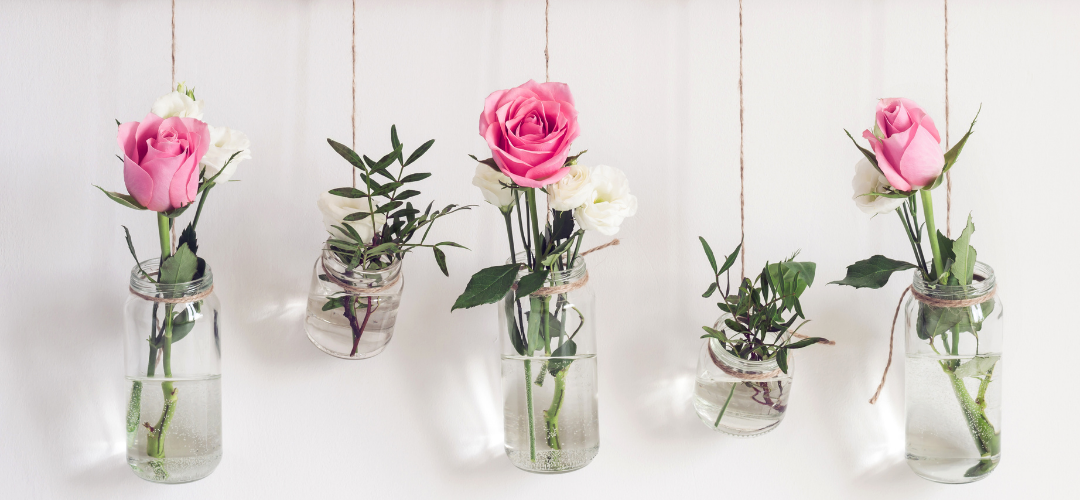 plants and flowers suspended in glass jars filled with water