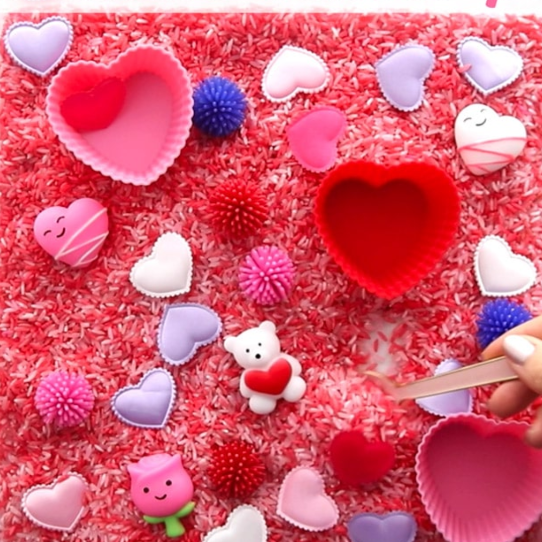 valentine's day sensory rice in pink and red 
