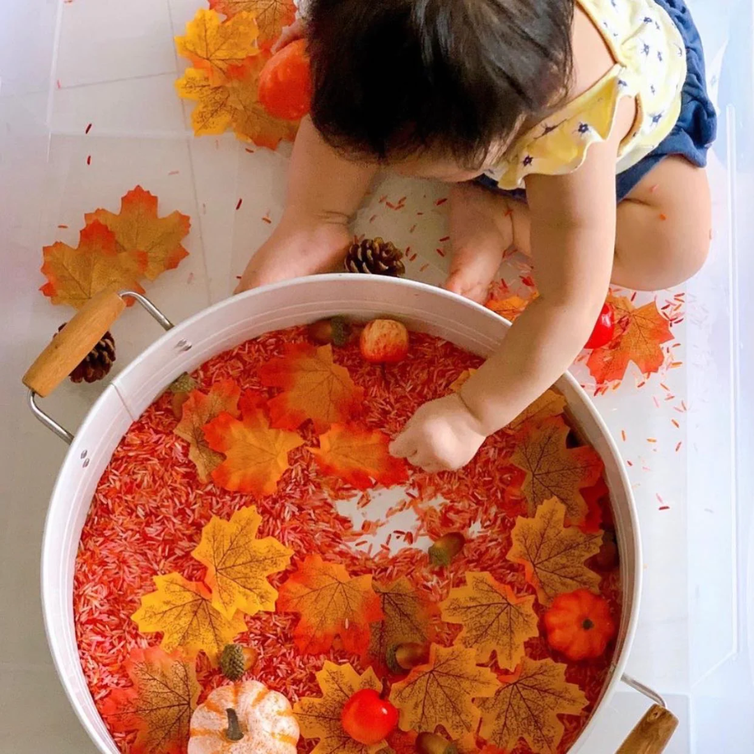 child playing in autumn themed sensory rice table
