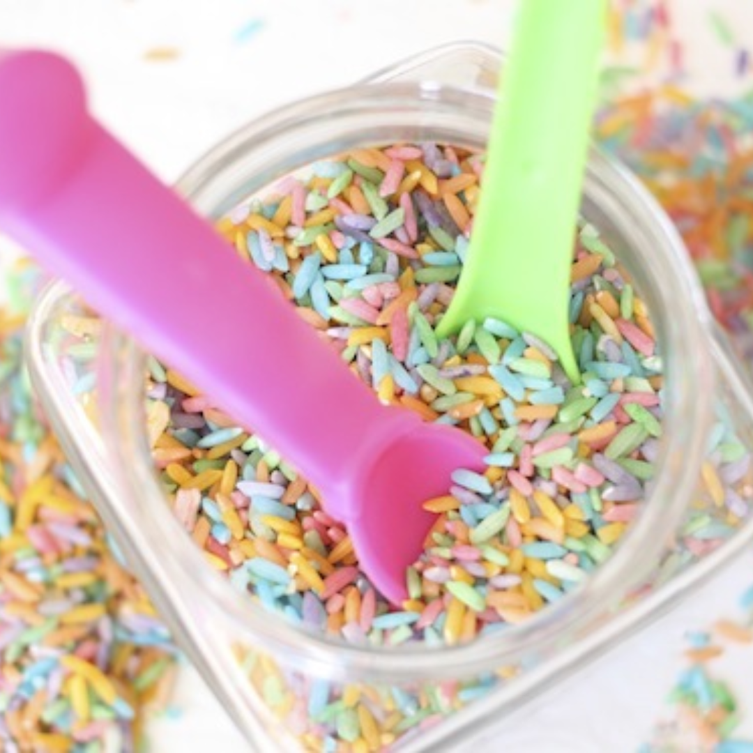 pastel coloured rice in a jar