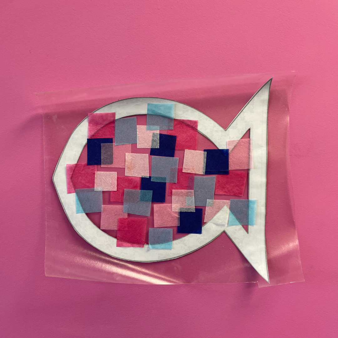 fish with coloured tissue paper stuck on 